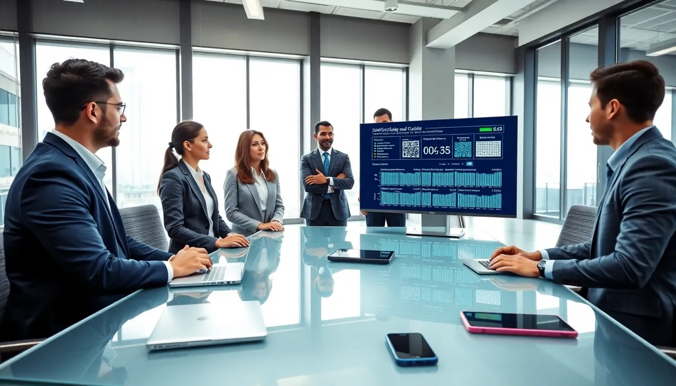diverse team discussing technology in a modern office setting.